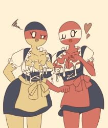 2girls angry austria austria_(countryhumans) cocomooooochi countryhumans countryhumans_girl cum cum_on_body cum_on_breasts cum_on_clothes female german_clothes germany germany_(countryhumans) heart maid_dress maid_uniform red_body simple_background yellow_body