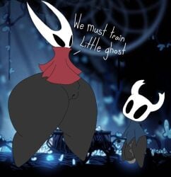 big_ass bottomless female hollow_knight hornet_(hollow_knight) japansadface no_breasts penis protagonist_(hollow_knight) tagme topwear