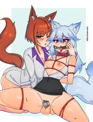 1futa 1girls bondage chastity_cage chastity_device clothed dominant_female female_on_futa femdom flat_chastity_cage fox_ears fox_girl fox_tail kuromaru_(original_character) kuromaruart large_breasts office_lady qathrin_tia ring_gag seductive silver_hair small_breasts submissive_futa wolf_ears wolf_girl wolf_tail