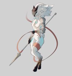 anthro anthro_only armor big_breasts breasts female furry helmet hi_res highres kindred lamb_(league_of_legends) league_of_legends riot_games simple_background solo spear thick_thighs white_fur wide_hips zenlambnet