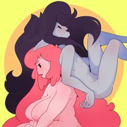 2girls adventure_time ass black_hair breasts dabble female female_only huge_breasts marceline multiple_girls nude nude_female pink_hair pink_skin pointy_ears princess_bubblegum