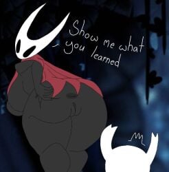 anus big_ass big_breasts bottomless dialogue female hollow_knight hornet_(hollow_knight) japansadface naked nude presenting_hindquarters protagonist_(hollow_knight) pussy tagme topwear