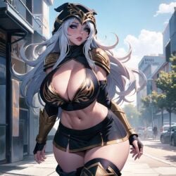 1girls ai_generated ashe_(league_of_legends) big_breasts blue_eyes blue_sky breasts building cixf cleavage_cutout clothes clouds huge_breasts league_of_legends riot_games street thick_thighs thighs