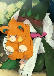 2d 2d_(artwork) :3 blush blush_lines blushing closed_eyes cute cute_fang dagasi fang holding_in_mouth hunting meowscarada multicolored_fur no_sex orange_fur pawmi pokemon pokemon_(species) pokemon_sv prey safe safe_for_work sweat sweatdrop tear tears tears_in_eyes