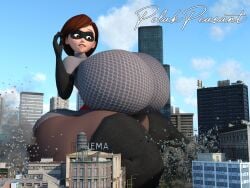 1girls 3d accident alternate_costume big_breasts building_destruction city destruction elastigirl elastigirl_(the_incredibles_2_supersuit) enormous_breasts female giantess gigantic_breasts helen_parr huge_breasts mask massive_breasts pixar polakpeasant sitting_on_building smooth_skin the_incredibles the_incredibles_2 thick_thighs