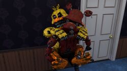 16:9 3d 3d_(artwork) against_surface against_wall animatronic avian bedroom bird bite canid canine chica_(fnaf) chicken closed_door duo felhesznelenev female five_nights_at_freddy's five_nights_at_freddy's_4 fox foxofnightmares foxy_(fnaf) galliform gallus_(genus) held_up hi_res hook hook_hand humanoid ingame_model looking_pleasured machine male male/female mammal neck_bite nightmare_chica nightmare_chica_(fnaf) nightmare_foxy phasianid pirate red_body red_eyes robot scottgames sex widescreen yellow_body yellow_eyes