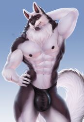 abs anthro banni_art bulge canid canine canis clothed clothing fangs fur genital_outline hand_behind_head hi_res male mammal muscular muscular_anthro muscular_male nipples pecs penis_outline red_eyes smile solo teeth underwear underwear_only white_body white_fur wolf