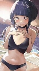 1girls beach blush boku_no_hero_academia breasts cute female hands_on_breasts jirou_kyouka kyoka_jiro my_hero_academia necklace only_female purple_eyes purple_hair short_hair small_breasts smaller_female swimsuit tomboy zd_(pixiv6210083)