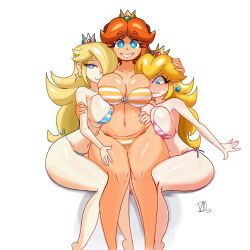 2020s 2023 3girls alternate_version_available artist_signature autogrinder big_breasts bikini blonde_hair blue_eyes blush breasts brown_hair crown earrings female female_only hair_over_one_eye long_hair looking_at_viewer mario_(series) multiple_girls nintendo princess_daisy princess_peach princess_rosalina shiny_skin simple_background smile star_earrings striped_bikini sweat white_background