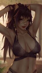 1girls animal_ears areolae_visible_through_clothing big_breasts breasts cleavage dark-skinned_female dehya_(genshin_impact) female female_only genshin_impact kemonomimi large_breasts looking_at_viewer skimpy solo solo_female soranamae veiny_breasts