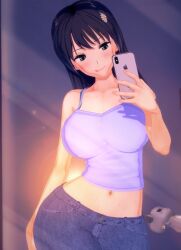 1girls 3d big_breasts black_hair breasts busty cellphone child_bearing_hips cleavage green_eyes highres large_breasts legs long_hair looking_at_viewer midriff navel saten_ruiko selfie sleeveless sleeveless_shirt smartphone smile solo sweat thighs to_aru_kagaku_no_railgun to_aru_majutsu_no_index voluptuous