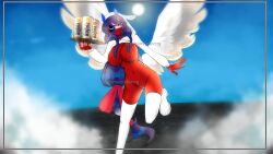 big_breasts blue_eyes blue_hair blush boots bow breasts countryhumans countryhumans_girl czech_republic_(countryhumans) female female_only hooded_jacket inkyneko national_personification red_body red_nipples red_skin wings