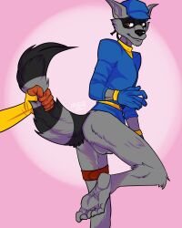 5_toes absurd_res anthro balls bottomless carmelita_fox clothed clothing duo feet genitals hi_res humanoid_feet male male_only mammal plantigrade procyonid raccoon sadist69 sly_cooper sly_cooper_(series) solo sony_corporation sony_interactive_entertainment sucker_punch_productions tail tail_grab toes ych