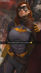 1boy 1girls 3d barbara_gordon batgirl batgirl_(gotham_knights) batman_(series) blacked choker dark-skinned_male dark_skin dc dc_comics eyeshadow gotham_knights holding_penis interracial missed_call necklace qos queen_of_spades red_hair slut_collar snapchat spade_earrings spade_necklace