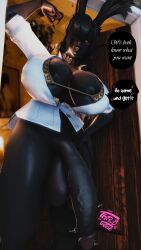 3d black_skin bunny_ears bunny_girl claws collar dark-skinned_futanari fangs final_fantasy final_fantasy_xiv futanari gpose(ffxiv) hair_over_one_eye huge_balls huge_cock leopard_print lipstick_on_balls open_clothes skindentation text text_bubble thick_penis thick_thighs veiny_penis viera xivvanta yellow_eyes