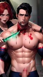 1boy 1girls ai_generated cum_shot cum_while_dominated dc_comics female_kill_male femdom femdomguro guro male_chest male_victim muscular_male shirtless_male slit_throat superman superman_(series)