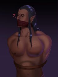 1boy black_hair bondage curse_of_strahd dark-skinned_male dnd dungeons_and_dragons dusk_elf elf elf_male gag gagged hands_behind_back hands_tied_behind_back heart long_hair male male_only ocelot_art rahadin solo wood_elf