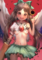 :d absurdres ass_visible_through_thighs bird_wings breasts brown_eyes brown_hair cape female female_pubic_hair hand_up highres index_finger_raised long_hair nipples no_panties petite pubic_hair pussy reiuji_utsuho round_teeth small_breasts smile solo teeth torn_clothes touhou upper_teeth_only very_long_hair wings yawdeone