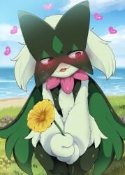 2d 2d_(artwork) :3 blush blushing cute cute_fang dagasi flower furry gift hearts hearts_around_head holding holding_flower holding_object mask masked masked_female meowscarada nervous no_sex pink_hearts pokemon pokemon_(species) pokemon_sv pov pov_eye_contact red_eyes safe_for_work sea seaside wholesome yellow_flower