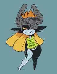 1girls female_only full_body imp_midna long_hair looking_at_viewer midna monamania nintendo one_tooth orange_hair red_eyes shirt shortstack simple_background smile solo standing text_on_clothing the_legend_of_zelda thick_thighs twilight_princess wide_hips