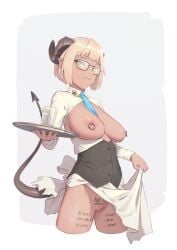 apron apron_lift between_breasts bigrbear blonde_hair blue_necktie body_writing breasts censored cropped_legs dark-skinned_female dark_skin demon_horns demon_tail female glasses green_eyes highres horns large_breasts lifted_by_self looking_at_viewer mosaic_censoring necktie necktie_between_breasts nipple_piercing nipple_rings nipples original piercing pointy_ears pussy short_hair shrug_(clothing) solo tail waistcoat