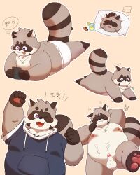 2023 4:5 anthro balls belly big_belly bodily_fluids closed_eyes clothing cum erection genital_fluids genitals hi_res hoodie kemono kemonuo lying male mammal moobs nipples one_eye_closed overweight overweight_male penis procyonid raccoon solo topwear underwear wink young