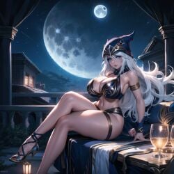 ai_generated ashe_(league_of_legends) bare_legs bare_shoulders big_breasts cixf high_heels huge_breasts league_of_legends night riot_games sitting stars thick_thighs white_hair