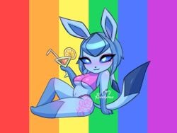 anthro anthrofied big_breasts blue_hair blue_sclera breasts buutymon cocktail cocktail_glass eeveelution glaceon pokémon_(species) pokemon pride_colors thick_thighs two_piece_swimsuit underboob wide_hips