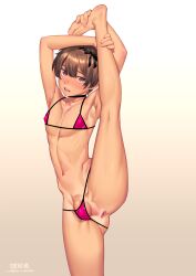 1boy anus armpits arms_up ass barefoot bikini bikini_bottom_aside blunt_bangs blush bow brown_eyes brown_hair clothing_aside covered_nipples crossdressing double-parted_bangs feet femboy foot_out_of_frame gradient_background hairbow highres hip_bones leg_grab leg_up legs looking_at_viewer male_focus master_maichin micro_bikini navel original otoko_no_ko parted_bangs parted_lips pectorals penis perineum pink_bikini presenting solo split standing standing_on_one_leg standing_split swimsuit testicles toes uncensored