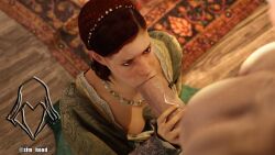 1boy 1girls assassin's_creed:_revelations assassin's_creed_(series) blowjob dress female fully_clothed hetero italian light-skinned_female light-skinned_male looking_at_partner looking_up oral red_hair sex sfm_hood sofia_sartor straight