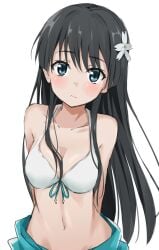 10s 1girls 2018 arms_behind_back big_breasts bikini black_hair breasts busty cleavage female female_only green_eyes highres kohakope large_breasts light-skinned_female light_skin long_hair looking_at_viewer navel sarong saten_ruiko solo swimsuit teenage_girl teenager to_aru_kagaku_no_railgun to_aru_majutsu_no_index white_bikini young