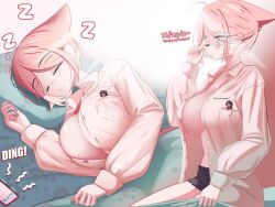 breast_pocket cat_ear_hair color cute female_only giantess huge_breasts inner_boob iwillsunder larger_female morning_sun open_shirt original panties phone rhea_sunder_(iwillsunder) size_difference sleeping smaller_female thick_thighs zzz