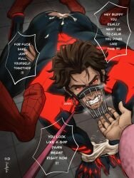 balls bara costume cum cum_in_ass doodlefish75 male male_only miguel_o'hara muscles muscular muzzle no_visible_genitalia penis peter_b_parker ripped_clothing speech_bubble spider-man spider-man:_across_the_spider-verse spider-man:_into_the_spider-verse spider-man_(series) spider-man_2099 superhero_costume