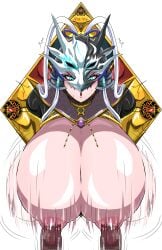 1girls 2boys blue_eyes bouncing_breasts breasts breasts_bigger_than_head breasts_expansion duel_monster female female_only ierou_yellow large_breasts long_hair looking_at_viewer mask nipple_fucking nipple_penetration nipples shocked_expression solo_female solo_focus stuck stuck_in_wall swordsoul_of_mo_ye white_hair yu-gi-oh! yu-gi-oh!_duel_monsters