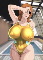 1girls 2023 armpits big_breasts bleach bleach:_the_thousand-year_blood_war cameltoe censor_bar censored competition_swimsuit covered_eyes curvaceous curvy curvy_female curvy_figure female female_focus female_only gold_swimsuit hi_res high_resolution highres huge_breasts impossible_fit inoue_orihime iwao178 large_breasts long_hair navel nipple_bulge nipples_visible_through_clothing orange_hair solo solo_female solo_focus swimming_pool swimsuit swimwear top_heavy wide_hips