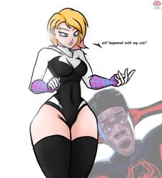 1girls big_ass blonde_hair breasts canon_couple dark-skinned_male dark_skin eyebrow_piercing female female_focus gwen_stacy gwen_stacy_(spider-verse) huge_ass human human_only legs light-skinned_female light_skin male marvel meme miles_morales small_waist spider-gwen spider-gwen_(fortnite) spider-man spider-man:_across_the_spider-verse spider-man_(series) suit surprised talking thick thick_legs thick_thighs thighhighs thighs wide_hips zirot