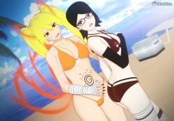 2girls 3d 3d_(artwork) alternate_version_available arm_warmers armwear ass bandage bandaged_arm bandaged_leg beach belly_button bikini bikini_bottom bikini_top black_hair black_panties black_thong blonde_hair blush body_markings boruto:_naruto_next_generations cleavage facial_markings female female_focus female_only fishnet fishnet_legwear fishnets g-string gender_transformation genderswap_(mtf) glasses height_difference hi_res high_resolution highres kneehighs koikatsu legwear light-skinned_female light_skin long_fingernails long_nails looking_at_another nail_polish naruko naruto naruto_(classic) naruto_(series) naruto_shippuden ocean open_mouth orange_bikini orange_panties orange_swimsuit orange_thong otsukira painted_nails pale-skinned_female pale_skin panties petite red_bikini red_eyes red_nail_polish red_nails red_panties red_swimsuit rule_63 sarada_uchiha sexy_no_jutsu sharingan short_hair shounen_jump small_breasts smile smiling standing swimsuit teenage_girl teenager thong tied_hair tomboy twintails uchiha_sarada uchiha_symbol uzumaki_naruto whisker_markings whiskers yellow_hair young younger_female