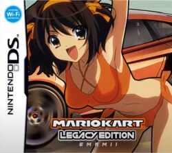 bikini boob_window box_art brown_eyes brown_hair car ds ermii_kart ermii_kart_ds fanart hair_ribbon mario_(series) mario_kart nintendo_ds orange_ribbon parody suzumiya_haruhi suzumiya_haruhi_no_yuuutsu swimsuit yellow_eyes