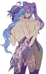 2girls ass blue_hair blush ganqing ganyu_(genshin_impact) genshin_impact grabbing_ass keqing_(genshin_impact) long_hair looking_at_another looking_back open_mouth purple_hair radiostarkiller tights topless topless_female yuri