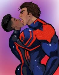 2boys african african_male age age_difference biceps big_arms black_body black_hair blush blushing brown_body brown_hair buff bulging_biceps closed_eyes dark-skinned_male dark_skin gay hispanic hispanic_male hugging kissing latino latino_male lilprincyvi male male_boobs male_only marvel marvel_comics melanin men_kissing miguel_o'hara miles_morales muscles muscular muscular_male pecs pectorals saliva size_difference spider-man spider-man:_across_the_spider-verse spider-man:_into_the_spider-verse spiderverse superhero teen_boy tongue tongue_kiss tongue_out