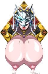 1girls ahe_gao blue_eyes breasts breasts_bigger_than_head breasts_expansion duel_monster female female_only heart heart-shaped_pupils ierou_yellow lactation large_breasts long_hair looking_at_viewer mask milk orgasm orgasm_face solo_female solo_focus stuck stuck_in_wall swordsoul_of_mo_ye tongue tongue_out white_hair yu-gi-oh! yu-gi-oh!_duel_monsters