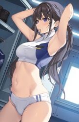 1girls armpits arms_raised belly belly_button bellybutton black_hair female female_focus female_only gym_uniform hair_tie_in_mouth inoue_takina legs lycoris_recoil navel panties purple_eyes sole_female solo stomach thighs tummy two-piece_gym_uniform tying_hair xe_(execut3r)