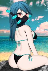 ass back beach bikini blue_hair blush daikiri_di_mon fortnite fortnite:_battle_royale looking_back mask red_eyes slurpentine