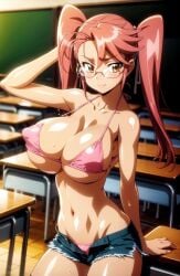 1girls accurate_art_style ai_generated arm_behind_head artist_request big_breasts bikini busty cleavage denim_shorts female female_only highschool_of_the_dead hotd huge_breasts large_breasts legs long_hair navel pink_bikini pink_hair pose posing saya_takagi shorts smile thighs tsundere unbuttoned unzipped voluptuous