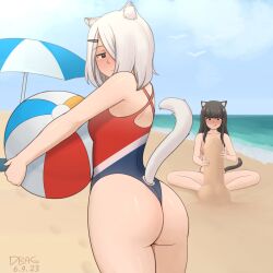 ass background beach beach_ball beach_umbrella bikini black_hair blush blushing breasts cat_ears cat_tail catgirl dbagdraws facing_away female female_focus female_only fluffyearedfox hairclip holding_object licking_lips long_hair looking_at_viewer looking_back medium_hair mia_(dbagdraws) molly_(dbagdraws) one-piece_swimsuit pawg short_hair smiling swimsuit swimwear thick_ass thick_thighs thighs two_piece_swimsuit white_hair