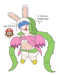 1boy 1girls big_breasts blue_hair blush boob_window chubby chubby_female cleavage daphne_(mario_+_rabbids) female freckles kryadrawgin light-skinned_male light_skin long_sleeves male mario_(series) mario_+_rabbids mario_+_rabbids:_sparks_of_hope moustache navel rabbid rabbids rabbit rabbit_ears rabbit_humanoid raving_rabbids short_hair shorts slightly_chubby text thick_thighs thighhighs tongue tongue_out ubisoft underboob white_background white_body white_fur white_skin