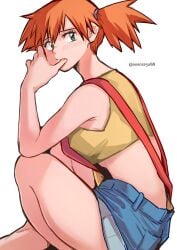 aosora ass asymmetrical_hair blush breasts creatures_(company) denim denim_shorts female female_focus game_freak gen_1_pokemon green_eyes green_shorts gym_leader hair_tie highres huge_breasts kasumi_(pokemon) large_breasts legs navel nintendo orange_hair pokemon pokemon_(anime) pokemon_(classic_anime) pokemon_(game) ponytail scrunchie shirt short_hair short_ponytail short_shorts shorts side_ponytail sitting solo straight_hair suspender_shorts suspenders tank_top yellow_shirt