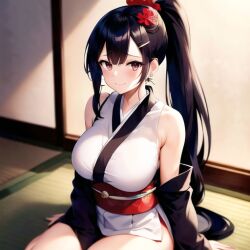 1girls ai_generated big_breasts big_tits black_hair busty curvy_figure exposed_shoulder indoors japanese japanese_clothes long_hair nemus_waifu_generator pink_eyes pooplool sitting sitting_down slight_blush slight_smile solo tagme thick_thighs very_long_hair volleyball voluptuous