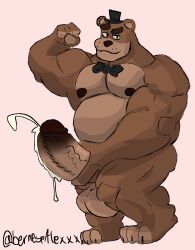 1boy balls bara belly bernesealexxx biceps big_penis bodily_fluids cum five_nights_at_freddy's freddy_(fnaf) genital_fluids genitals hi_res huge_cock hyper hyper_genitalia hyper_penis male male_only musclegut muscular obese overweight pecs penis precum scottgames solo