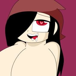 big_breasts black_hair chubby_female drooling female_survival jacksita1234 pleasure_face red_eyes rojita_cake_(female_survival)